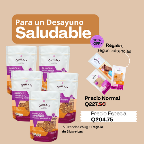5 Granolas + Regalía de 3  Barritas .  Precio normal Q227.50